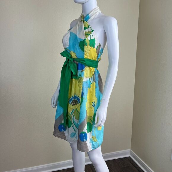Vintage Tibi Women's Size 2 Silk Floral Halter Mini Dress Y2K Fit & Flare Retro - Picture 8 of 14